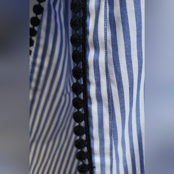 Zara Half Button Down Top with Oxford Strips and Decorative Fashion Trim - Picture 3 of 4